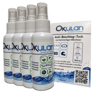 OKulan Aktion Sensitive Cleaner Brillenreiniger Spray 4 x 100 ml + OKulan Sensitive Cleaner Anti-Beschlag-Tuch