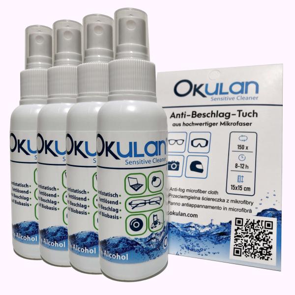 OKulan Sensitive Cleaner Brillenreiniger Spray 4 x 100 ml + OKulan Sensitive Cleaner Anti-Beschlag-Tuch